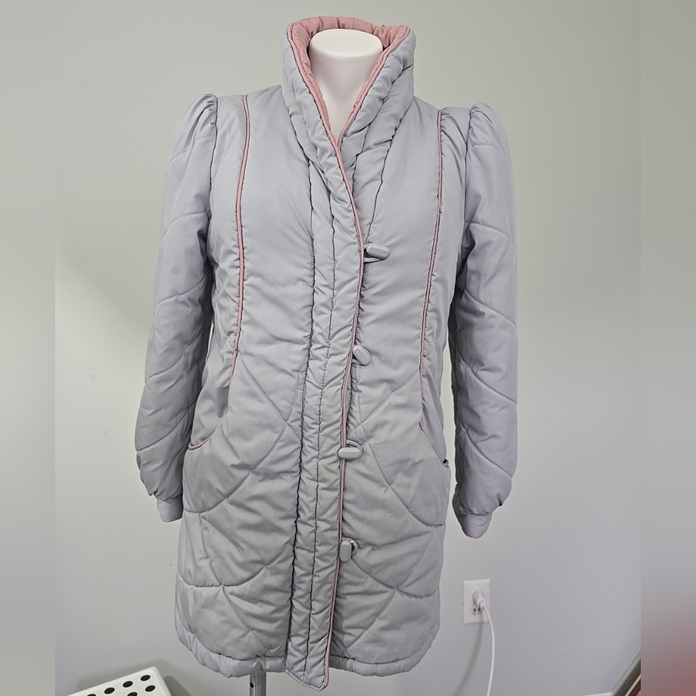 1980s UTEX Puffer Jacket Women's Gray & Pink Parka Vintage Size 11/12